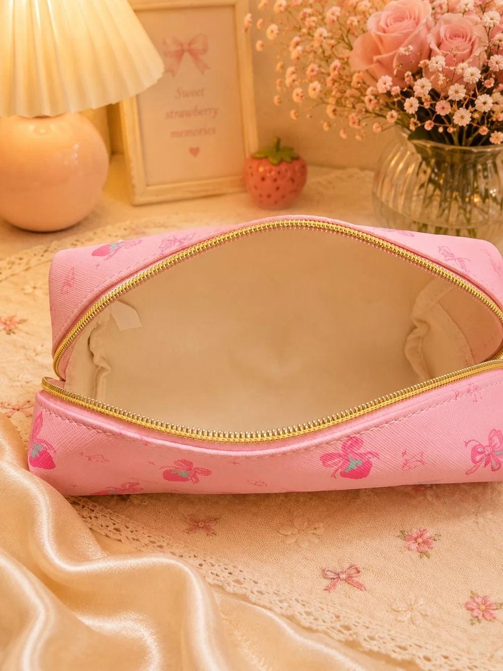 Pink Strawberry Cosmetic Pouch with Pink Eyelash Curler Set - Picture 2 of 3